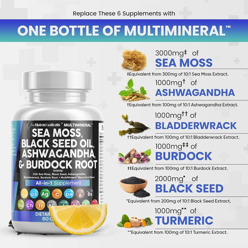 Sea Moss, Black Seed Oil, Ashwagandha & Burdock Root