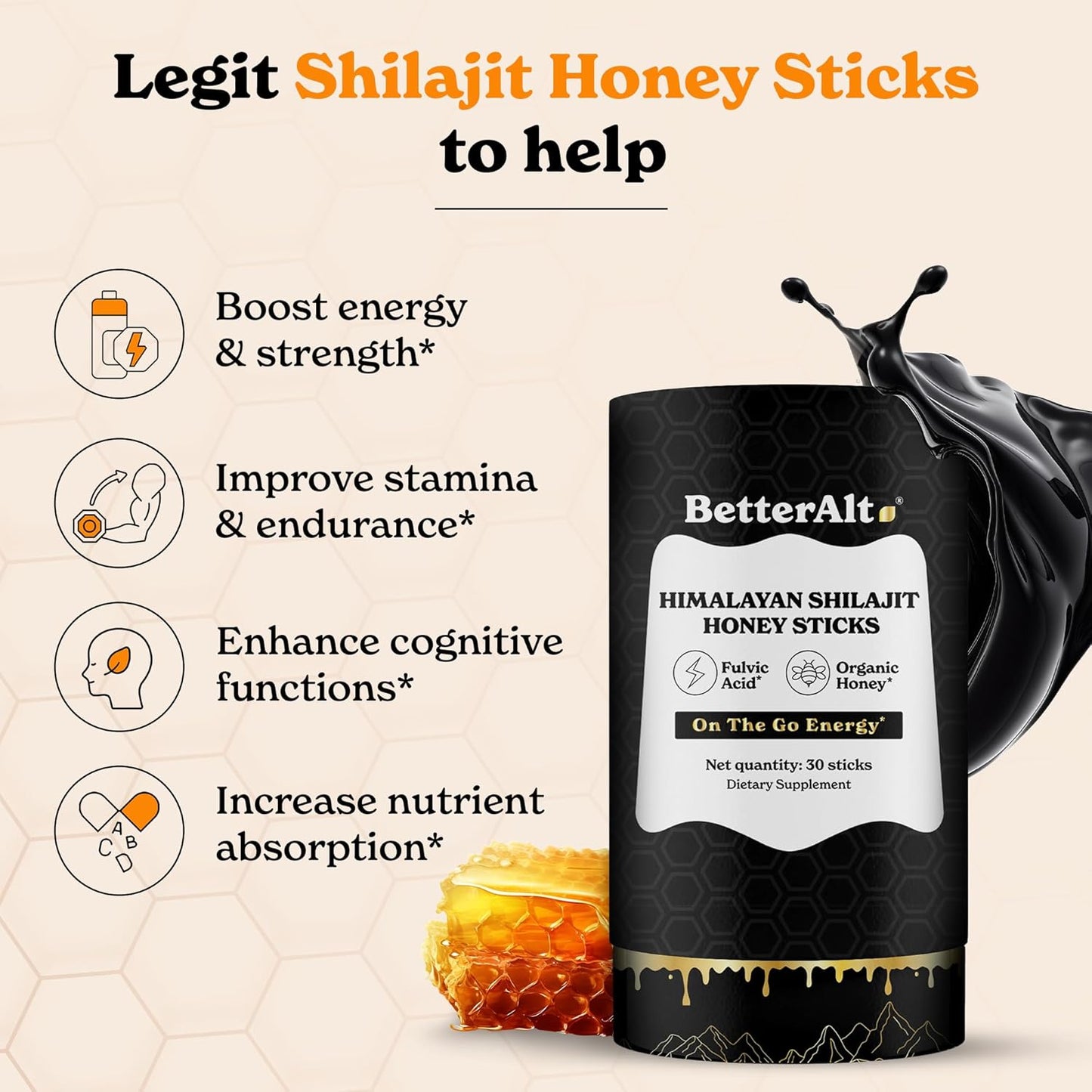 Shilajit Honey Sticks | Pure Himalayan Resin, Raw Honey & Saffron