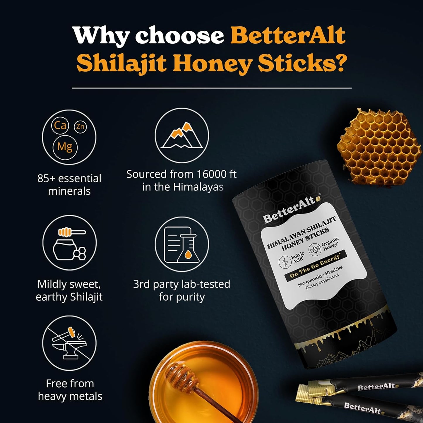 Shilajit Honey Sticks | Pure Himalayan Resin, Raw Honey & Saffron